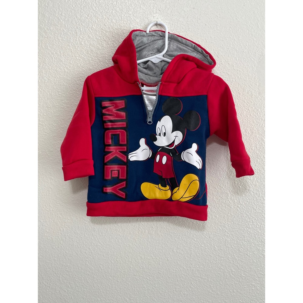 Disney 12M Mickey Mouse Hoodie Kids Red Navy Quarter Zip Fleece Graphic Pullover